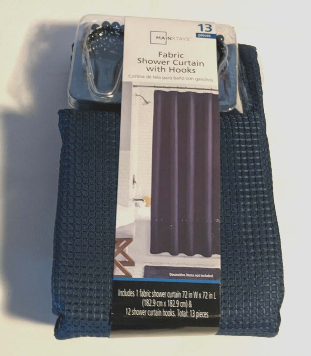 Mainstays Fabric Shower Curtain with Hooks Blue Cove Waffle 13 Pieces